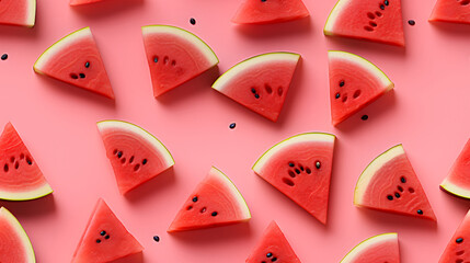 Seamless pattern with watermelon triangle slices on pink background. Photo of watermelon slicer in flat lay aerial view. Watermelon flavour, taste concept. 