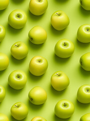 Seamless pattern with ripe green apples on pastel green background. Photo of apples in flat lay aerial view. 