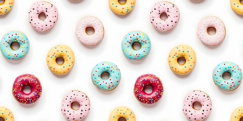 Seamless Pattern with different types of colorful donuts on white background. Photo of donuts in flat lay aerial view. Photo of various donuts with glaze and frosting in flat lay aerial view. 