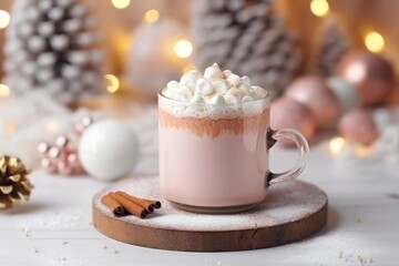 Obraz na płótnie Canvas a cup of hot chocolate with marshmallows and cream on top with christmas decorations, pink and white baubles and lights on background