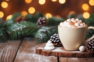Obraz na płótnie Canvas a cup of hot chocolate with marshmallows and cream on top with christmas tree branches and pine cones and bokeh lights on background
