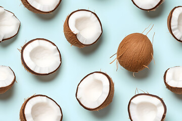 Seamless Pattern with Coconuts cut in half on pastel light blue background. Photo of coconuts in flat lay aerial view. Coconut flavour, milk and taste concept