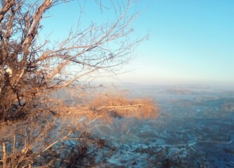 Snowy environment with fog upper view