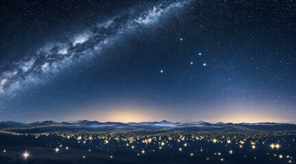 Obraz premium In the quiet starry night, dark blue background dotted with stars, jewels in the night sky, emitting a mysterious and charming light, dreamy atmosphere flat background material