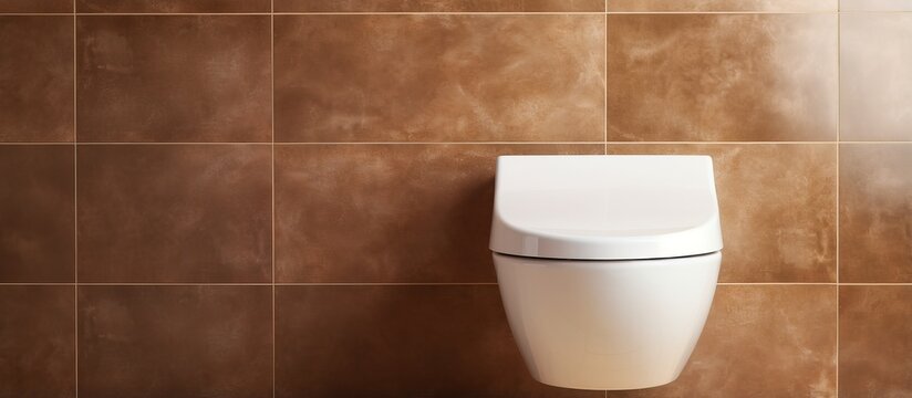 Wall mounted modern toilet against brown tile White ceramic no people