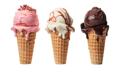 Chocolate, vanilla and strawberry Ice cream with topping in the cone on transparent background, png
