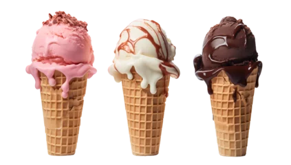Foto auf Alu-Dibond Chocolate, vanilla and strawberry Ice cream with topping in the cone on transparent background, png © Viks_jin