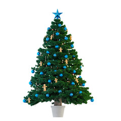 Christmas Tree with blue christmas balls Isolated in white pot