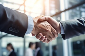 Close up shot of business people shaking hands at the office. Deal done