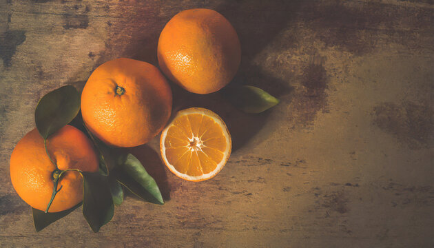 Orange on table, cut in half, close-up