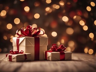 holiday present boxes, gifts pile with red ribbon on copy space background.