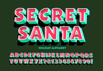 Secret Santa; A lively 3 dimensional effect font in Christmas holiday colors. Great for sale announcements and in-store signage.