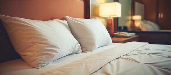 Fototapeta na wymiar Newly made bed hotel room scene Horizontal picture