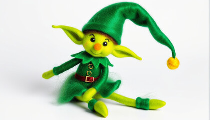 Green elf naughty from felting on a white background