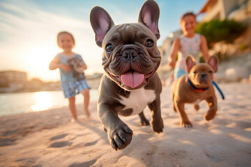  Playful adorable gray French bulldog on a walk on the beach with his owners' children