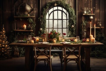 Fototapeta na wymiar Festive Christmas Setting with Empty Wooden Table