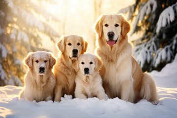 Golden Retriever and Family Bonding on Winter Holiday Walk
