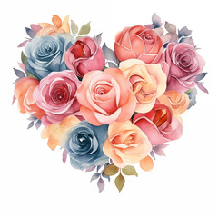 Watercolor painting style,  Bunch of pastel colour of roses be arrange in heart shape an be isolated on white background. Valentine's day and love decoration concept.	
