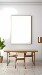 3D Render of Minimalist Wooden Dining Room with Empty Frame