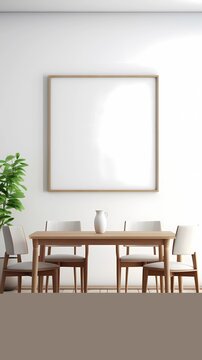3D Render of Minimalist Wooden Dining Room with Empty Frame