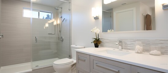 Spacious new bathroom features white mirror and lighting