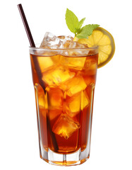 glass of iced tea with lemon isolated on transparent background.