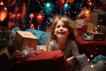 Fototapeta na wymiar New Year 2024 and Christmas Season - Happy Little Girl with Gifts Presents Looks Up with Wonder and Joy, Embodying Worship and Prayer. Celebrating the Holiday Season with Innocence and Festive Spirit