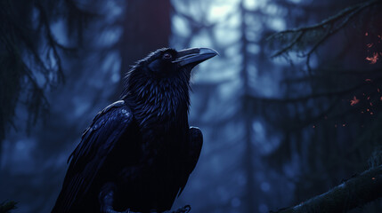 Black raven perched on a branch in a dark and misty forest. The dark background add a spooky and eerie atmosphere. Perfect image for Halloween, autumn, and nature enthusiasts. - obrazy, fototapety, plakaty