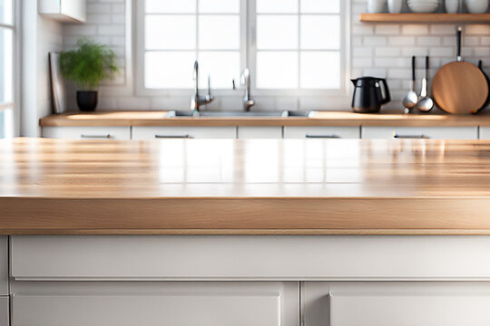 Empty wood tabletop or counter with display product. Blur image of kitchen room,dining room background. Display product background