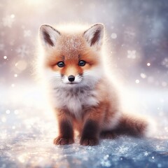 Cute little fox in winter forest. Animal on snow background.