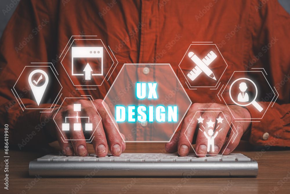 Wall mural ux design concept, businessman hand typing keyboard computer on office desk with ux design icon on v