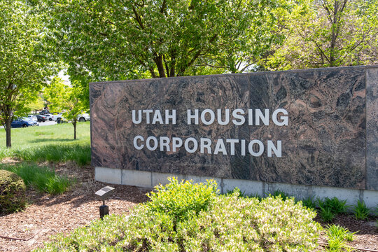 The sign outside Utah Housing Corporation (UHC) headquarters at 2479 South Lake Park Blvd., West Valley City, Utah, USA, on May 9, 2023. UHC is an independent government agency. 