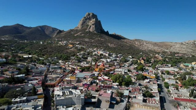 Aerial view of the Pe&ntilde;a de Bernal peak over Bernal
