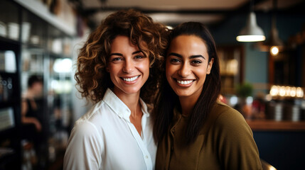 two good friends go out together in the late afternoon, in the restaurant or bar or cafe, in a good mood, business women or team and group or business meeting or leisure