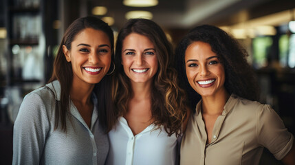 three happy colleagues or friends or group or team, women 30 years old or 40, intercultural multiracial and caucasian, smiling in a good mood, in the office, group photo - obrazy, fototapety, plakaty