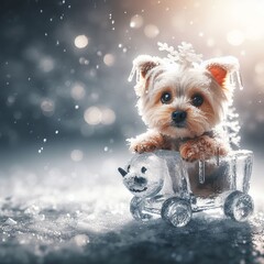 Cute puppy sitting on a toy car in the snow. Christmas concept.