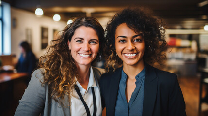 Fototapeta premium two happy colleagues or friends or group or team, women 30 years old or 40, intercultural multiracial and caucasian, smiling in a good mood, in the office, group photo