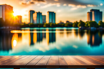 Empty wood tabletop or counter with display product. Blur image of lakes and green leaves bokeh background. Display product background