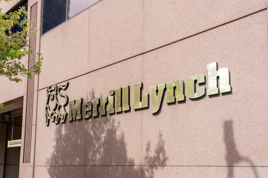 Close up of Merrill Lynch logo and sign on the building at company&rsquo;s branch office in Salt Lake, Utah, USA - June 21, 2023. Merrill Lynch is a division of Bank of America.