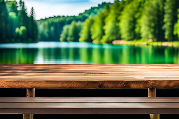 Empty wood tabletop or counter with display product. Blur image of lakes and green leaves bokeh background. Display product background