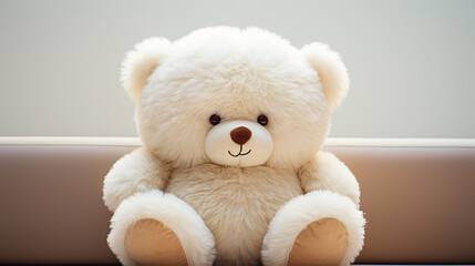 a cute teddy bear, white, smiling, cute small on sofa couch, sitting, teddy sits