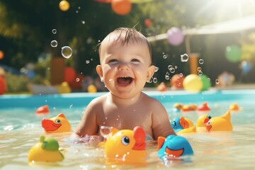 Bebê sorridente brincando na piscina com brinquedos aquáticos de banho - obrazy, fototapety, plakaty