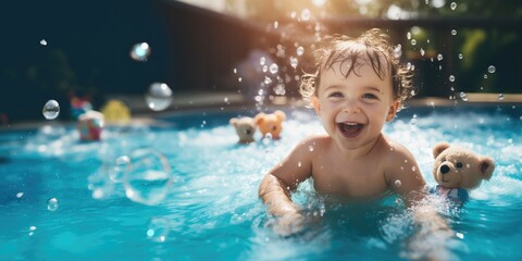 Fototapeta na wymiar Bebê sorridente brincando na piscina com brinquedos aquáticos de banho