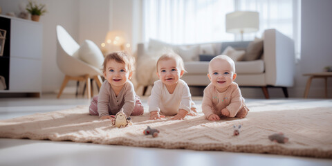 Lindos bebês sorridentes sentados posando para banner - obrazy, fototapety, plakaty