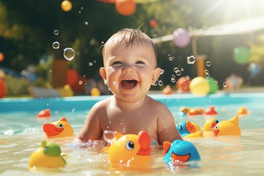 Beb&ecirc; sorridente brincando na piscina com brinquedos aqu&aacute;ticos de banho