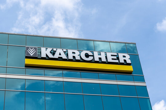 Karcher logo sign at Karcher's North America Headquarters in Denver, Colorado, USA, May 18, 2023. Alfred Karcher SE and Co. KG is a German family-owned company. 