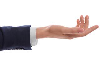 Woman showing hand on white background, closeup