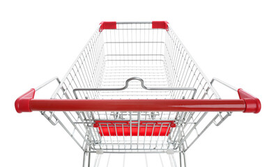 Empty metal shopping cart on white background