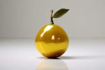 A shiny fruit with a yellow color, placed on a plain white surface. Generative AI
