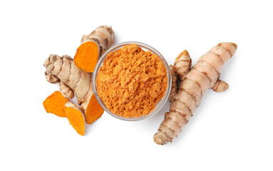 Bowl with aromatic turmeric powder and cut roots isolated on white, top view